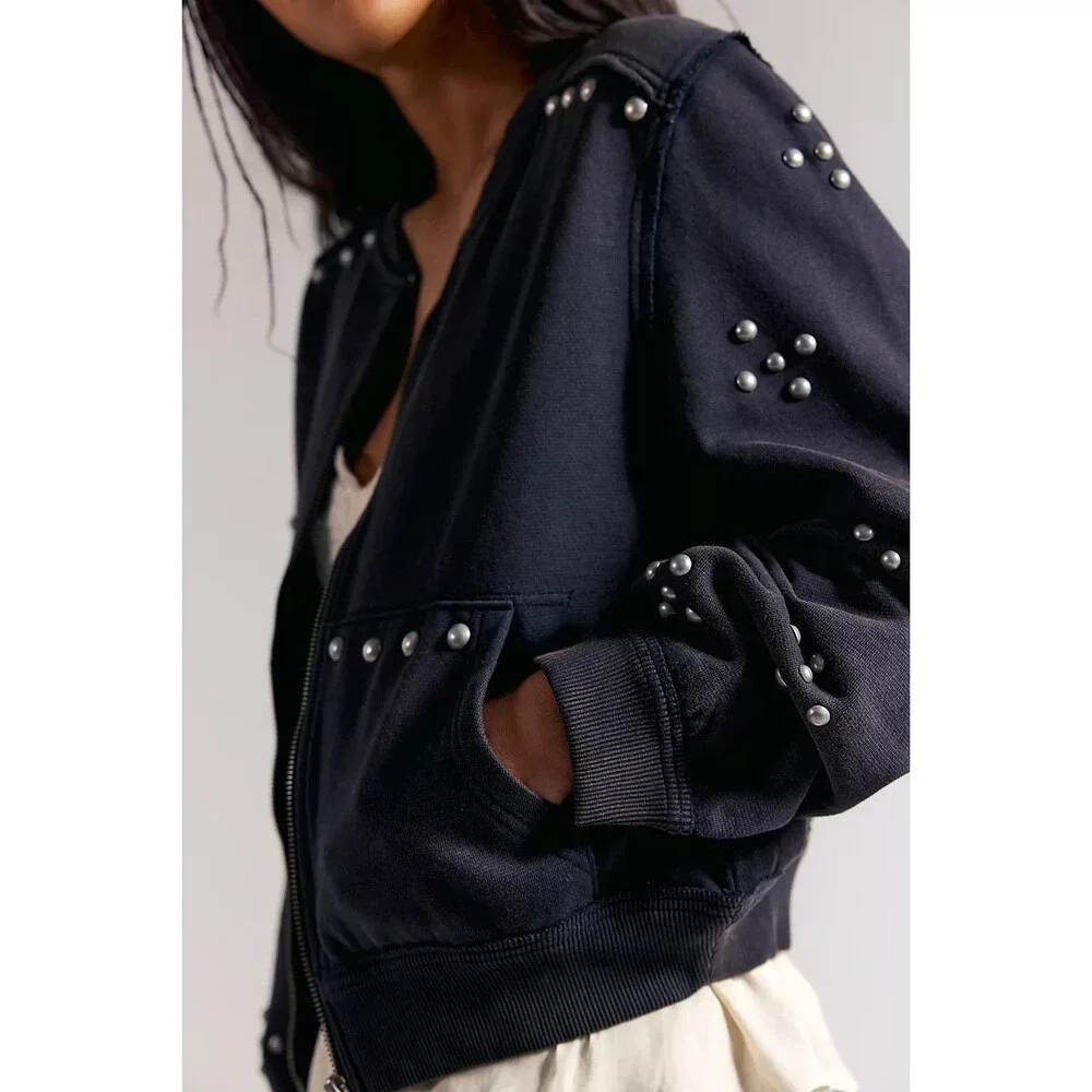 Free people We The Free On My Mind Studded Zip Up Trendy Jacket Cotton M 288884